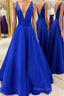 V Neck Royal Blue Satin Formal Prom Dress, Royal Blue Satin Formal Bridesmaid Dress