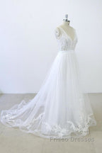 V-neck Ruffle Applqiues Tulle A-line Wedding Dress