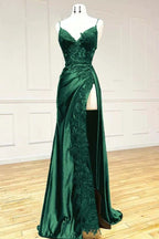 V Neck Satin Lace Long Prom Dress, Lace Long Evening Dress