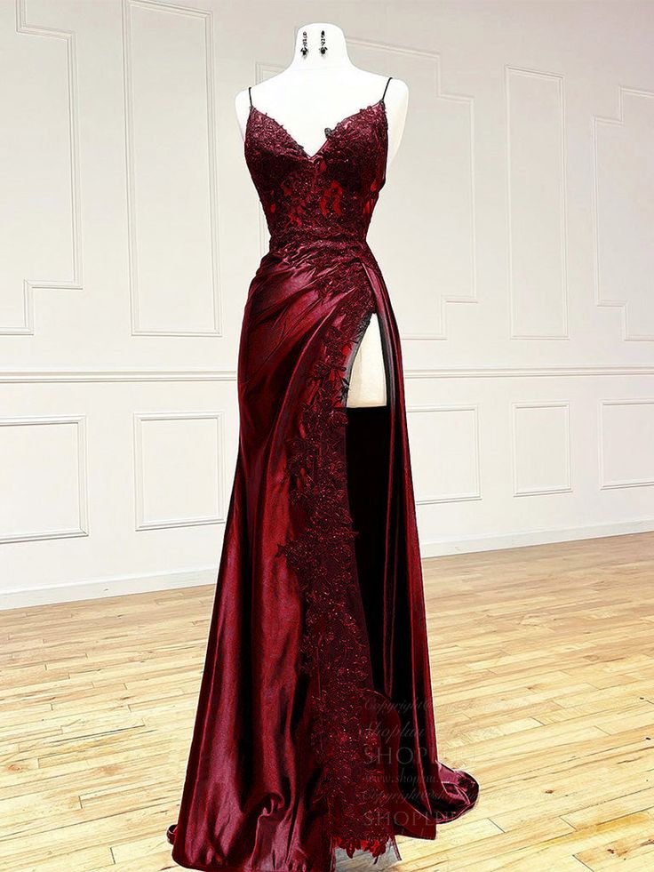 V Neck Satin Lace Long Prom Dress, Lace Long Evening Dress Secondary image