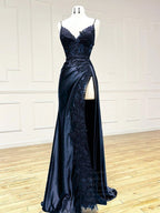 V Neck Satin Lace Long Prom Dress, Lace Long Evening Dress
