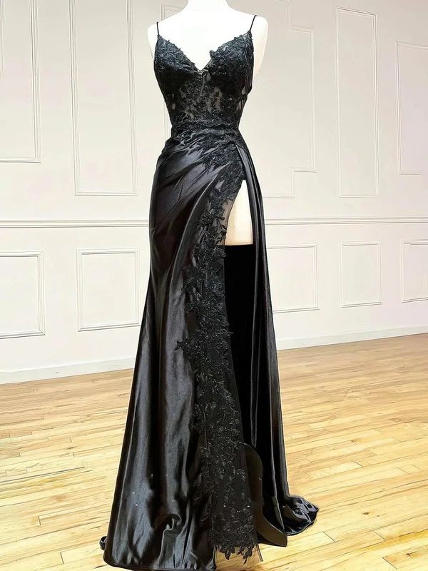 V Neck Satin Lace Long Prom Dress, Lace Long Evening Dress