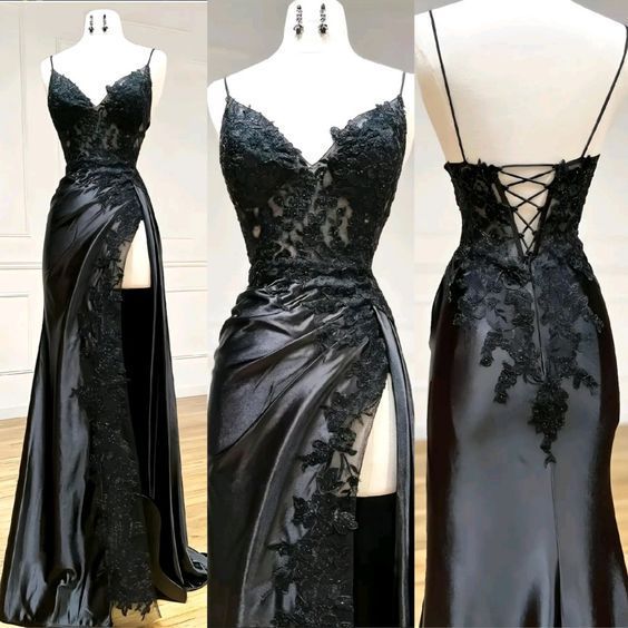 V Neck Satin Lace Long Prom Dress, Lace Long Evening Dress