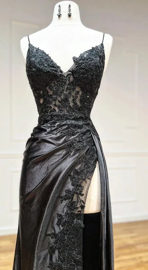 V Neck Satin Lace Long Prom Dress, Lace Long Evening Dress