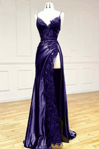 V Neck Satin Lace Long Prom Dress, Lace Long Evening Dress