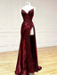 V Neck Satin Lace Long Prom Dress, Lace Long Evening Dress