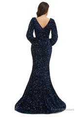 V-Neck Sequins Long Sleeve Side Split Formal Evening Dresses