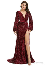 V-Neck Sequins Long Sleeve Side Split Formal Evening Dresses