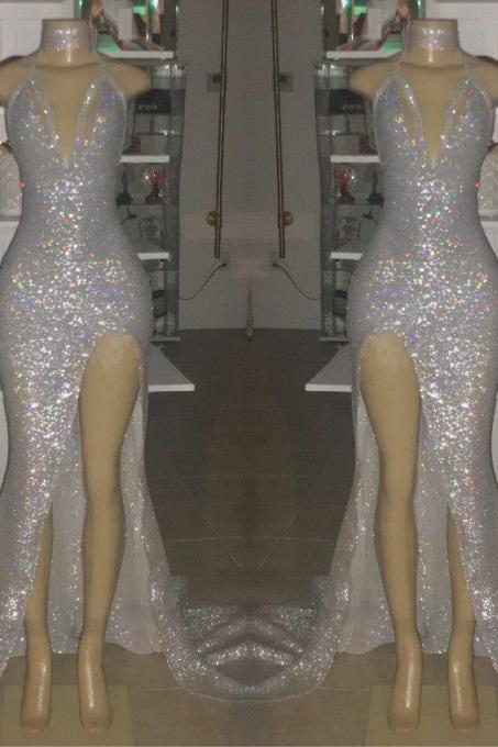 V-Neck Sequins Mermaid Front Slit Floor Length Prom Dresses Secondary image