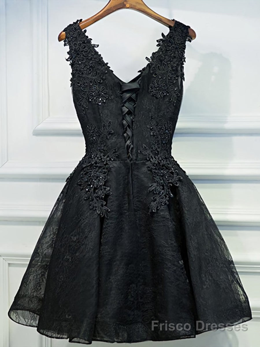 V Neck Short Black Lace Prom Dresses, Short Black Lace Graduation Homecoming Dresses Secondary image