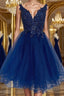 V Neck Short Blue Lace Formal Prom Dresses, Blue Lace Homecoming Dresses, Short Blue Formal Graduation Evening Dresses
