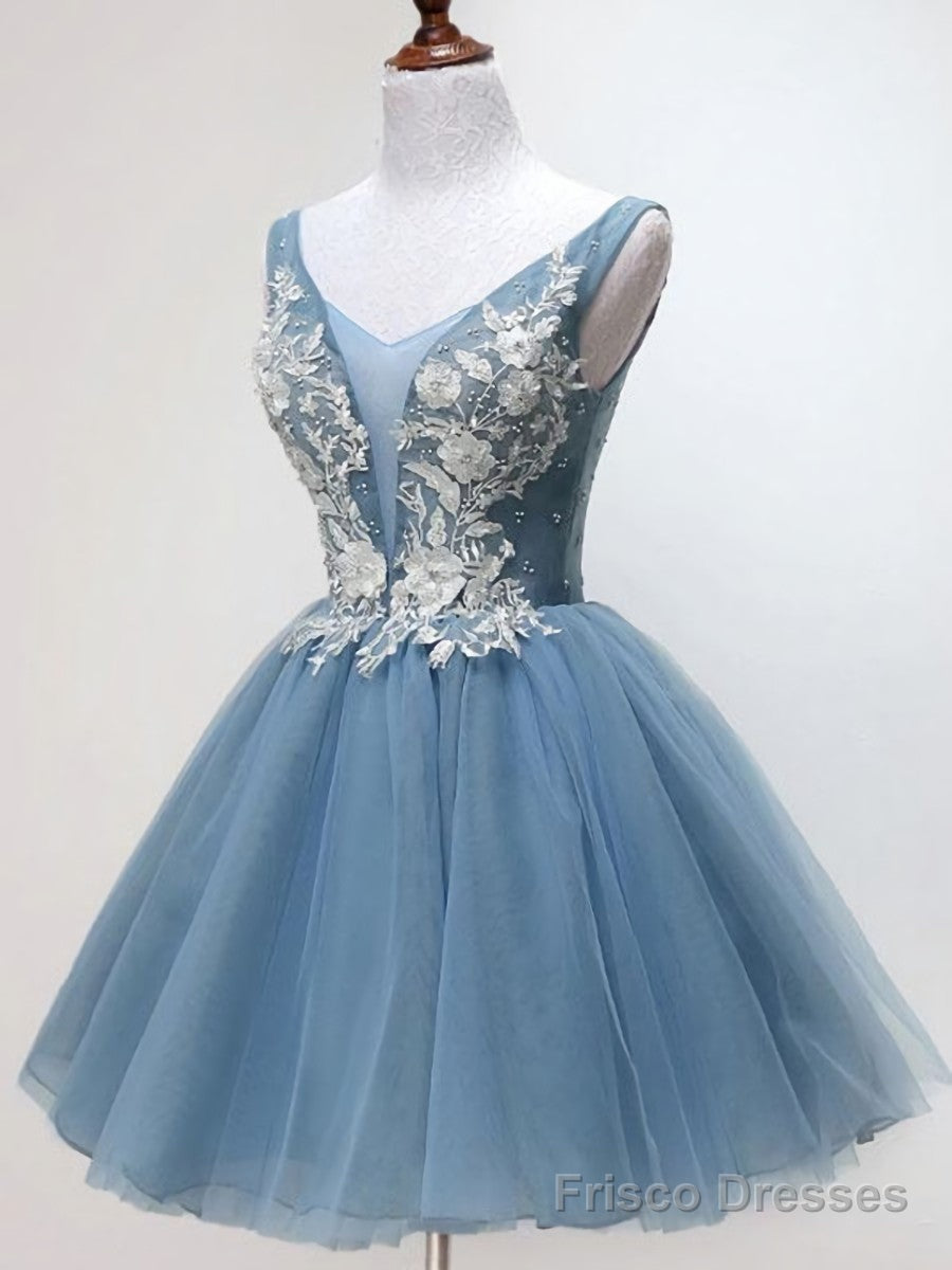 V Neck Short Blue Lace Prom Dresses, Short Blue Lace Graduation Homecoming Dresses Main image