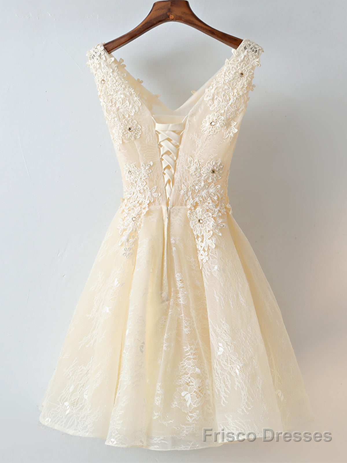 V Neck Short Champagne Lace Prom Dresses, Short Champagne Lace Formal Homecoming Dresses Secondary image