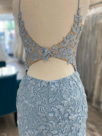 V Neck Short Light Blue Lace Formal Prom Dress, V Neck Blue Lace Short Graduation Homecoming Dress