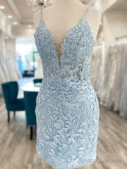 V Neck Short Light Blue Lace Prom Dresses, V Neck Blue Lace Short Graduation Homecoming Dresses