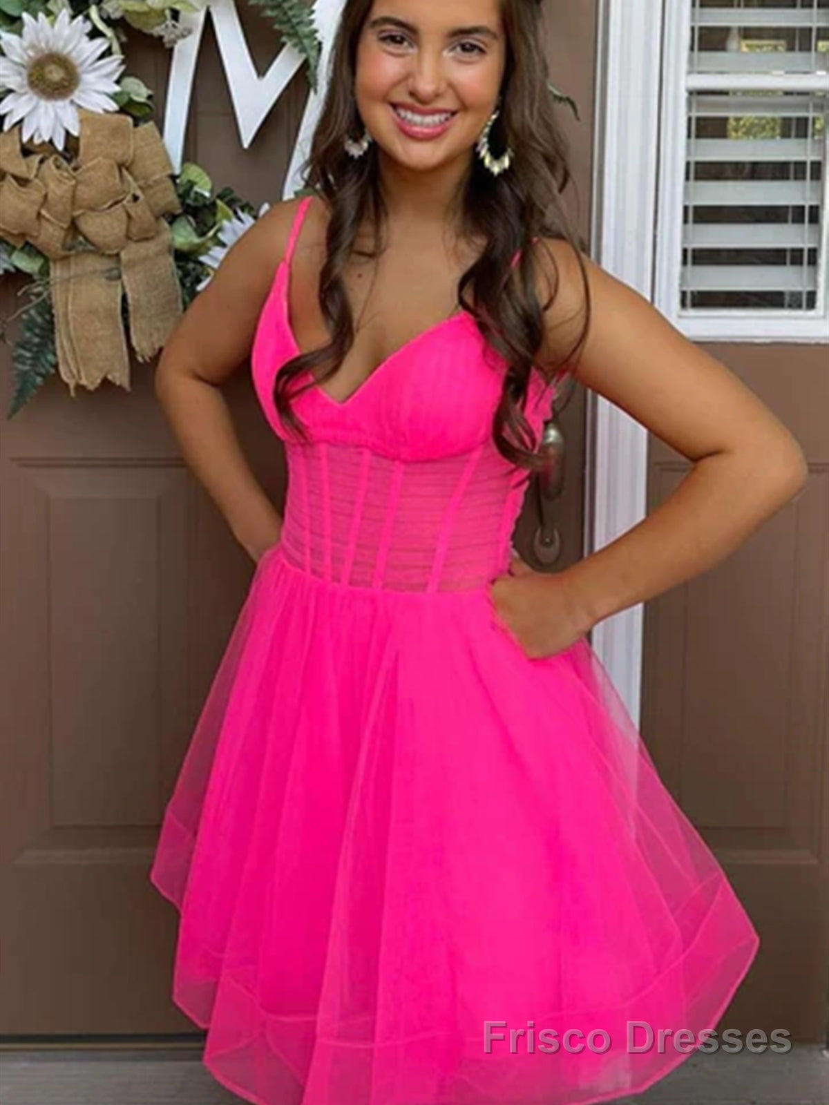 V Neck Short Pink Black Prom Dresses, Short V Neck Formal Homecoming Dresses Main image