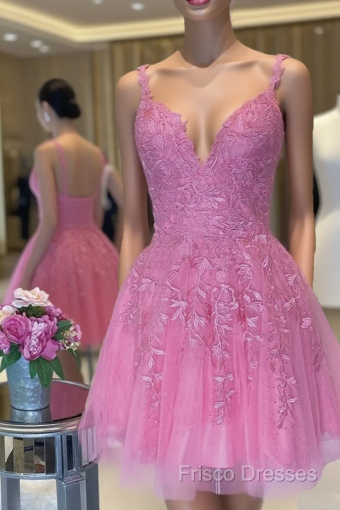 V Neck Short Pink Lace Formal Prom Dress, V Neck Pink Lace Formal Graduation Dress Main image
