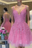 V Neck Short Pink Lace Formal Prom Dress, V Neck Pink Lace Formal Graduation Dress
