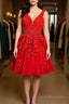 V Neck Short Red Lace Formal Prom Dresses with Beadings, Short Red Lace Formal Graduation Homecoming Dresses