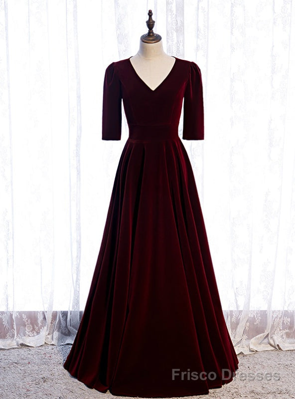 V-neck Short Sleeve Velvet Long Burgundy Prom Dress Main image