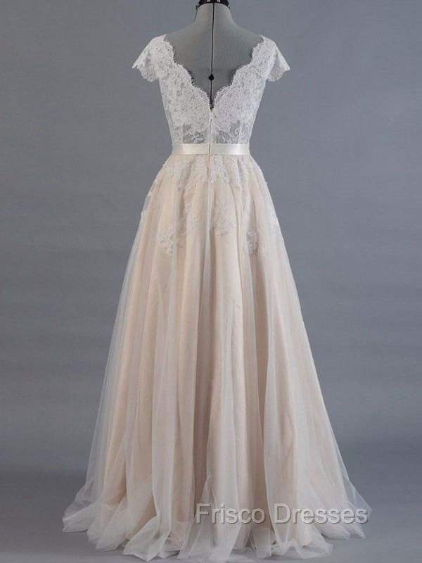 V Neck Short Sleeves Wedding Dress Lace Applique Floor Length Tulle Bridal Gowns Secondary image