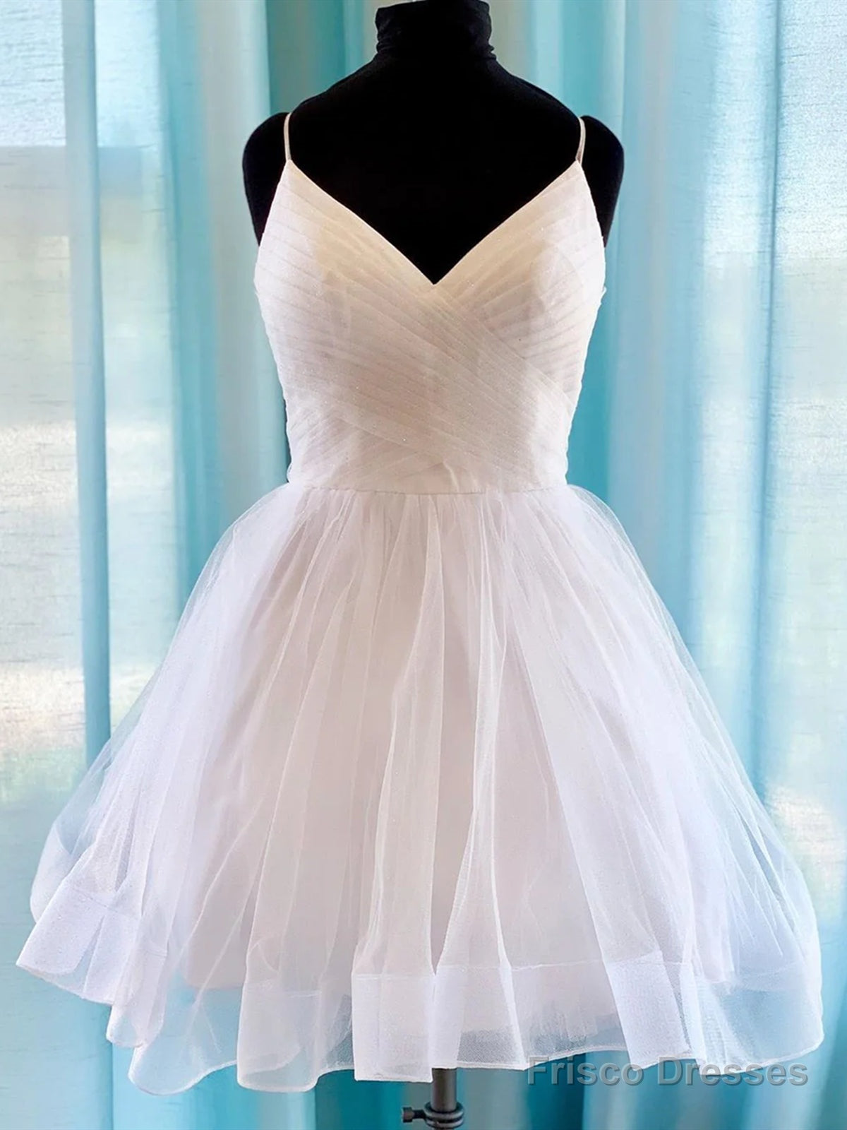 V Neck Short Tulle Prom Dresses, Short Blue White Tulle Formal Homecoming Dresses Main image