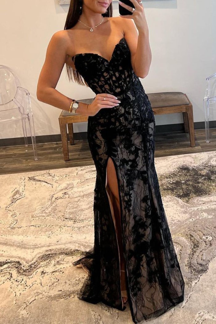 V-Neck Sleeveless Appliques Sheath High Slit Prom Dress Main image
