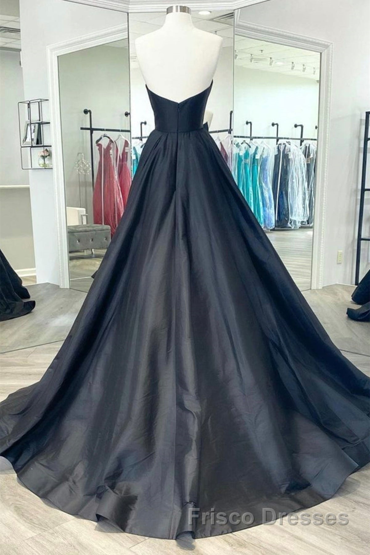 V Neck Strapless Black Satin Long Formal Prom Dresses, Strapless Black Formal Dresses, Long Black Evening Dresses
