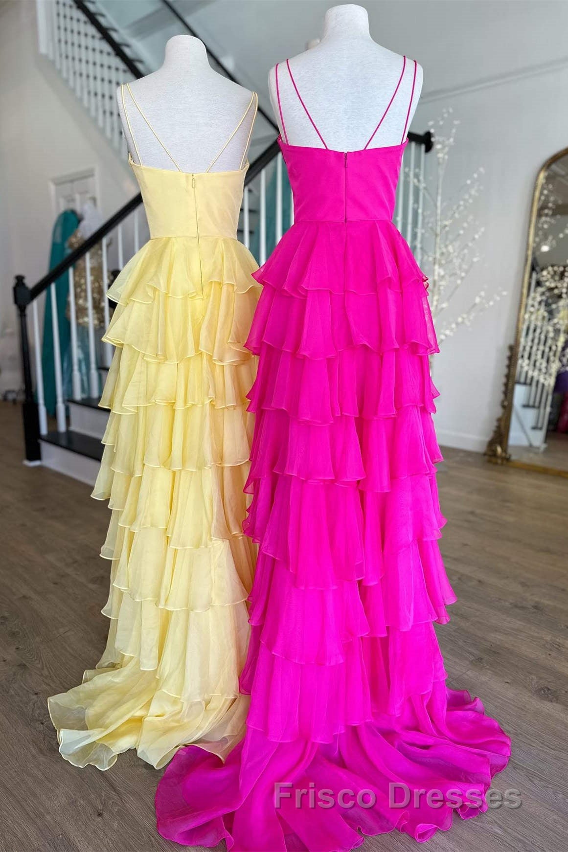 V-Neck Straps Fuchsia Ruffle Chiffon Formal Prom Dress with Slit