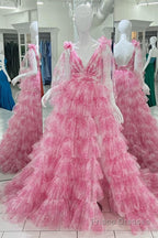 V-Neck Tie Straps Red Floral Print Layered Long Prom Dress