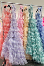 V-Neck Tie Straps Red Floral Print Layered Long Prom Dress