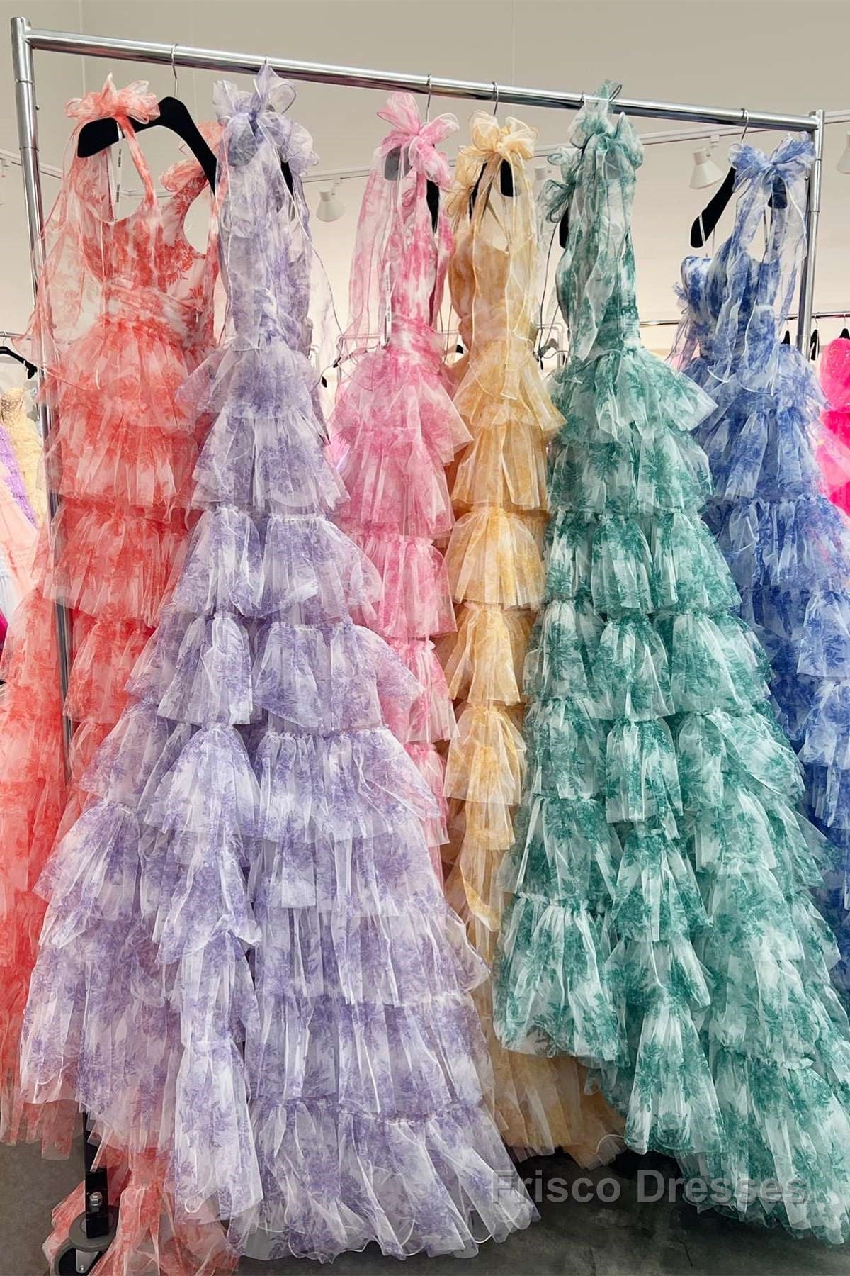 V-Neck Tie Straps Red Floral Print Layered Long Prom Dress