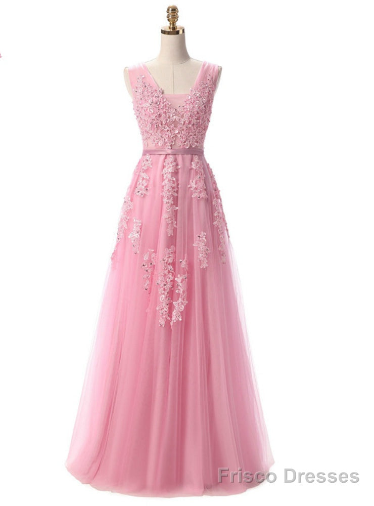 V Neck Tulle A Line Pink Evening Dress Prom Gown