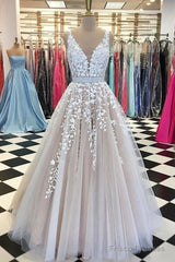 V Neck Tulle Lace Long Wedding Dress,Tulle Ball Gown Prom Dress With Appliques