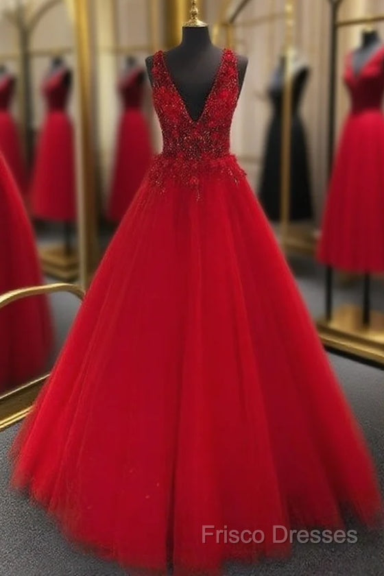 V-Neck Tulle Long Formal Prom Dress With Appliques And Beading,Formal Prom Dress,Pageant Dress