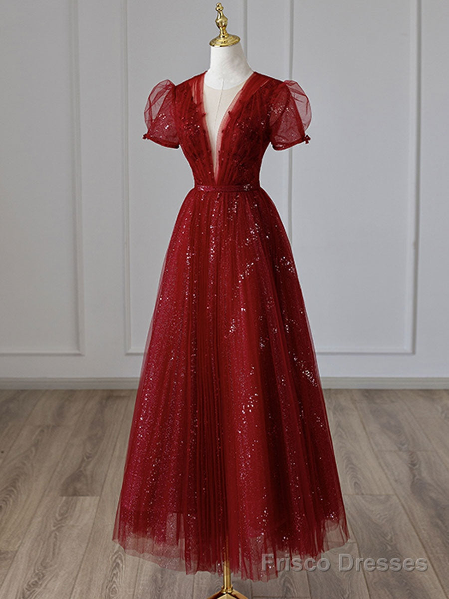V Neck Tulle Sequin Tea Length Burgundy Prom Dress, Burgundy Evening Dress Main image