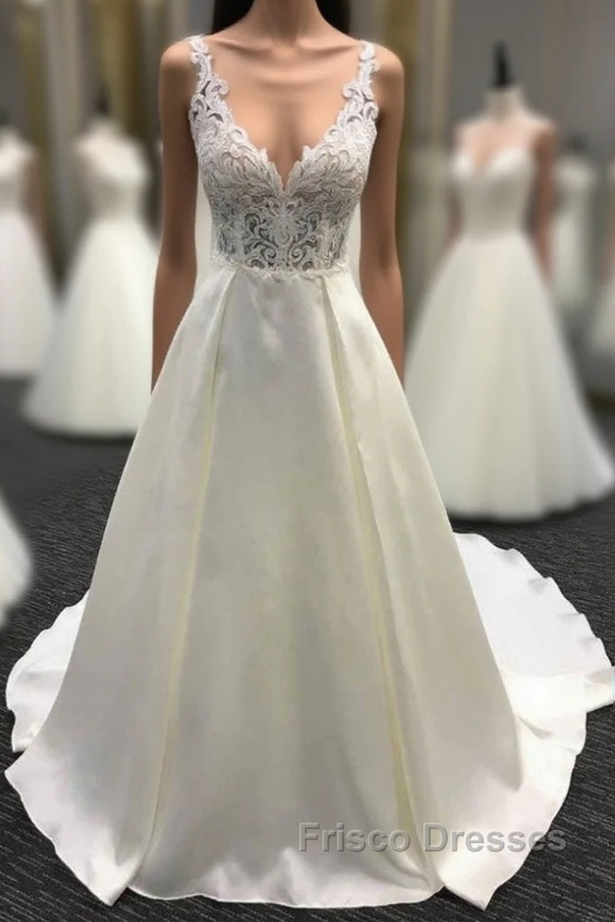 V neck White A line Lace appliques Princess Wedding Dress