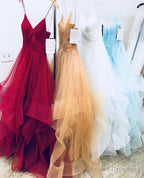 V Neck White/Burgundy/Champagne/Blue Wedding Gowns, V Neck Prom Dresses