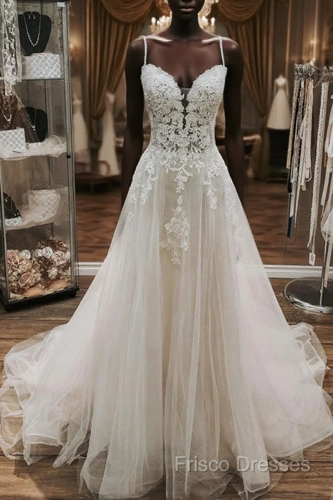 V Neck White Lace Wedding Dress, V Neck White Lace Formal Prom Dress Main image