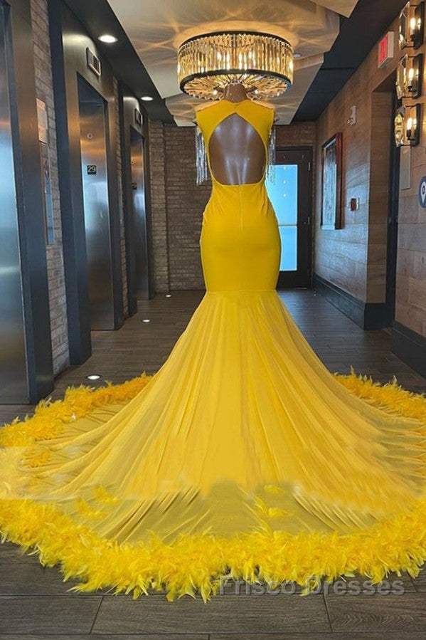 V Neck Yellow Feather Trumpet Mermaid Formal Prom Dress Secondary image