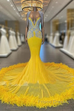 V Neck Yellow Feather Trumpet Mermaid Formal Prom Dress