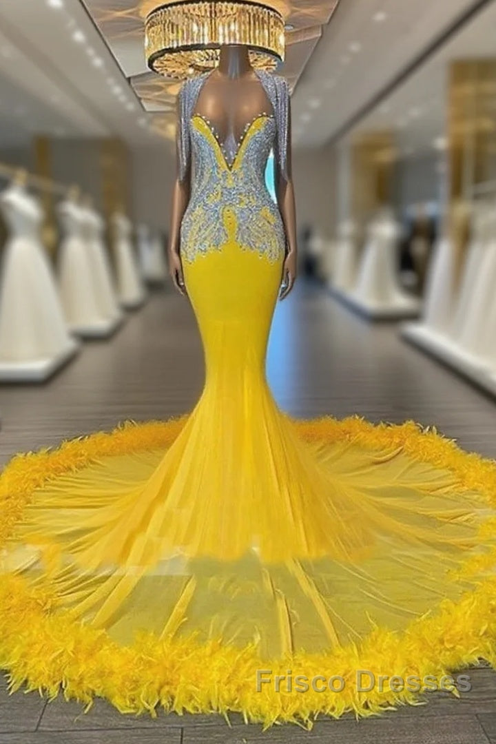V Neck Yellow Feather Trumpet Mermaid Formal Prom Dress