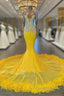V Neck Yellow Feather Trumpet Mermaid Formal Prom Dress