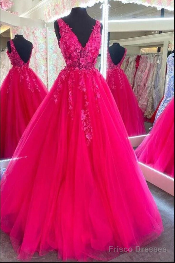 V Neckline Hot Pink Prom Dress Custom Made Formal Dress Long Main image