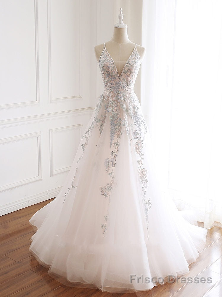 V-neckline Lace Applique Floor Length Party Dress, Charming White Floral Prom Dress Main image