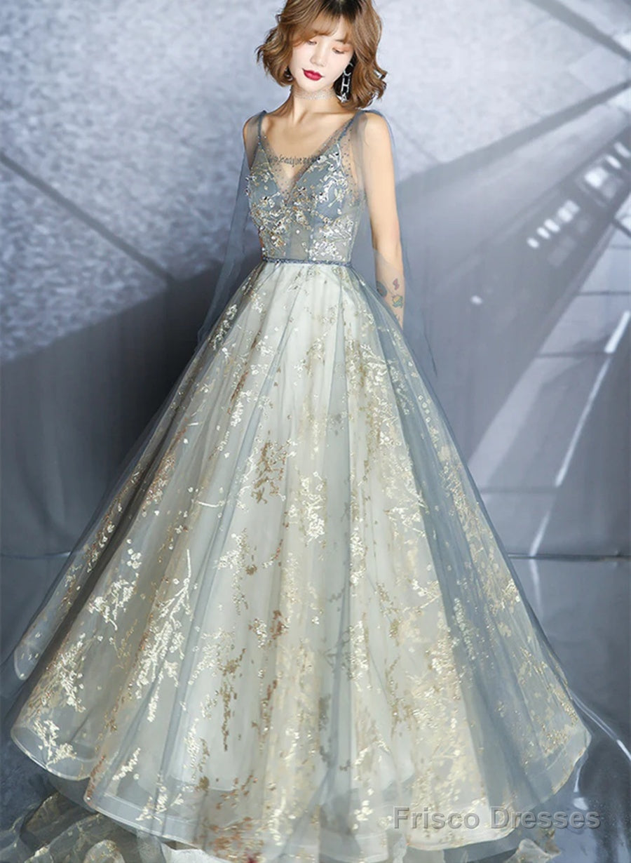 V-Neckline Sexy Shiny Tulle A-Line Long Prom Dress, Low Back Formal Dress Main image
