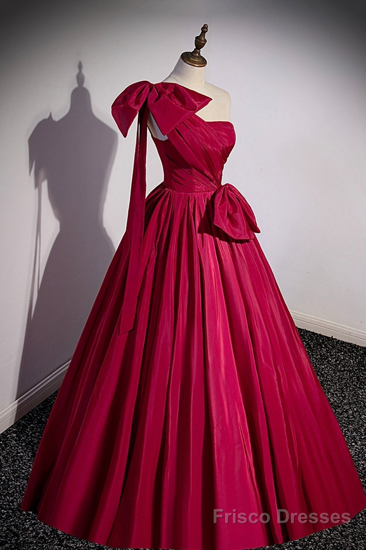 Burgundy Satin Long Prom Dress, One Shoulder Evening Dress with Bow Main image