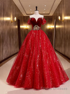 Burgundy Velvet Tulle Long Formal Dress, Burgundy Off Shoulder Prom Dress