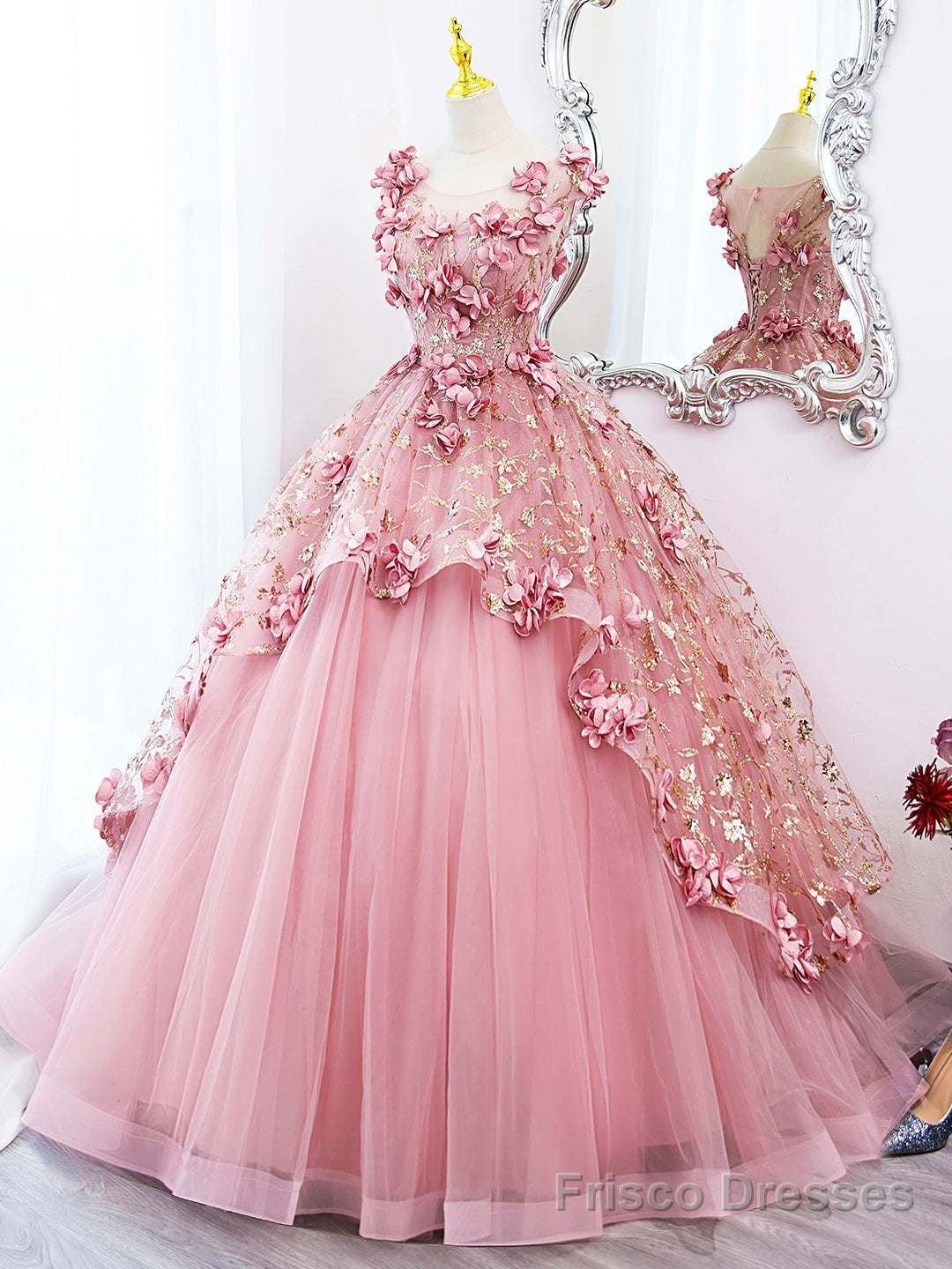 Pink Tulle Long Prom Dress with Flowers, Beautiful A-Line Sweet 16 Dress Secondary image