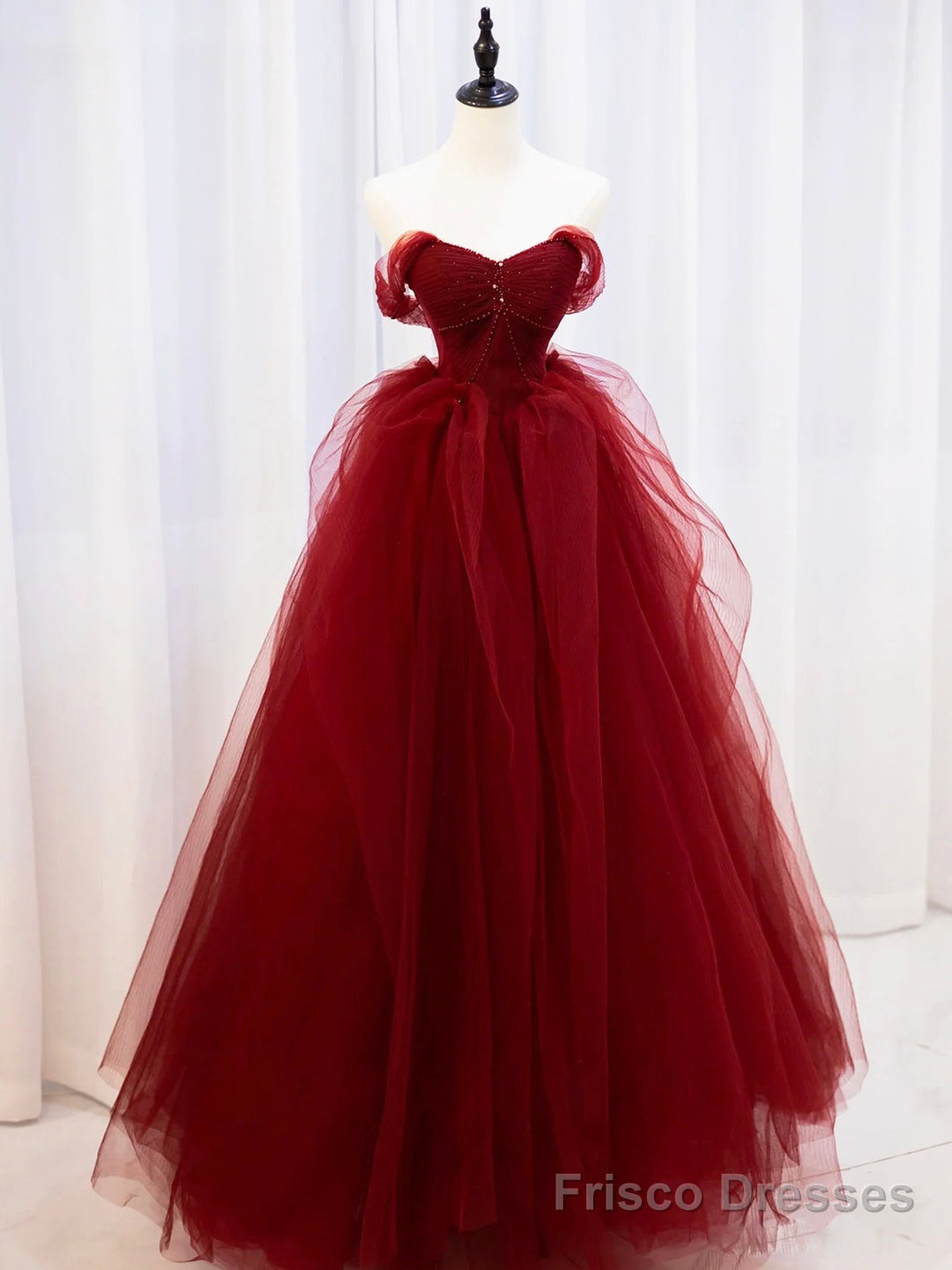 Burgundy Sweetheart Tulle Long Prom Dress with Beaded, Burgundy Party Dress